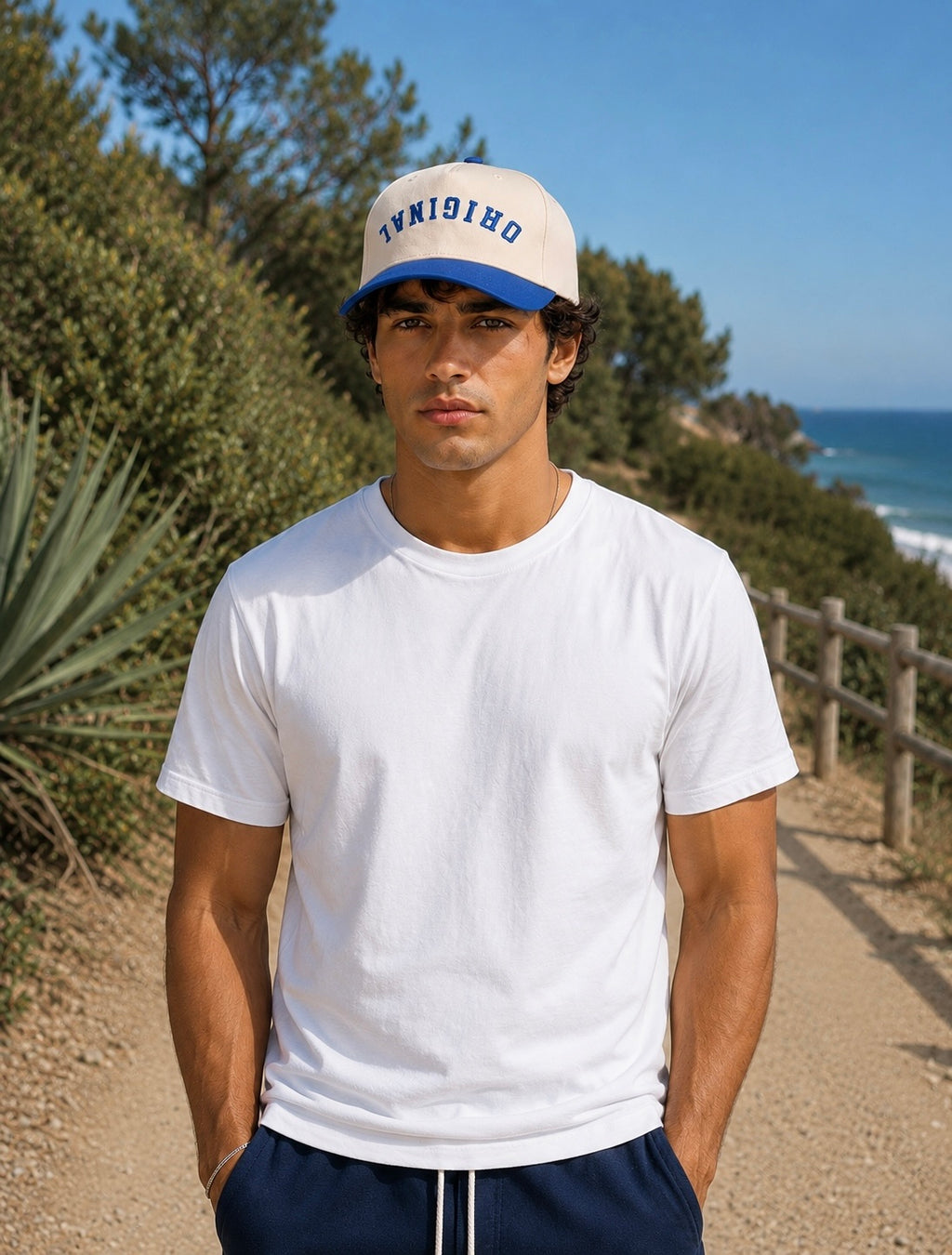 Blue front trucker hat with white logo text and navy mesh back, curved brim