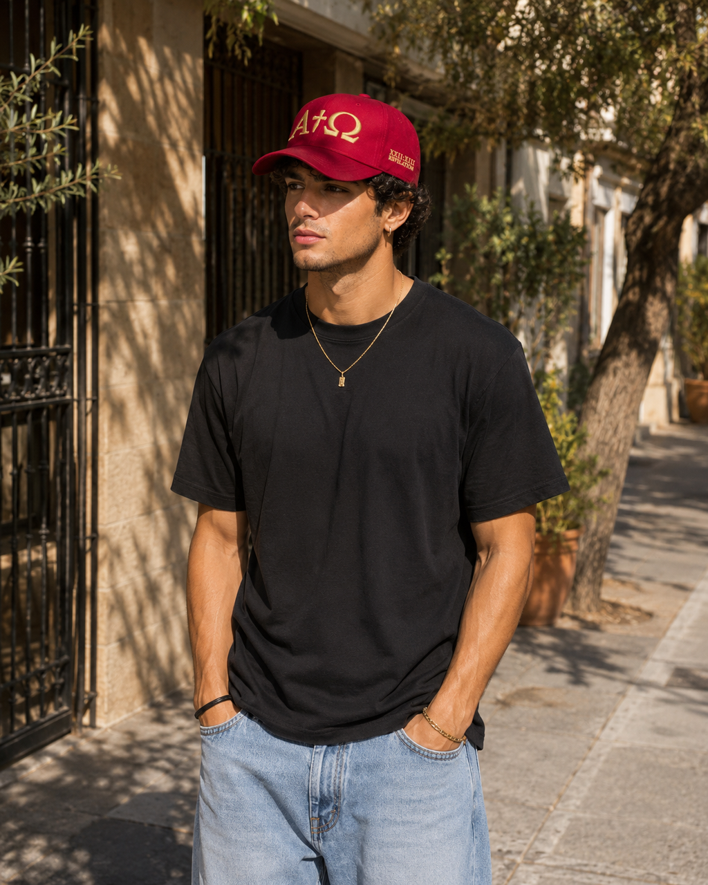 ALPHA + OMEGA™ red dad hat with embroidered logo and curved brim