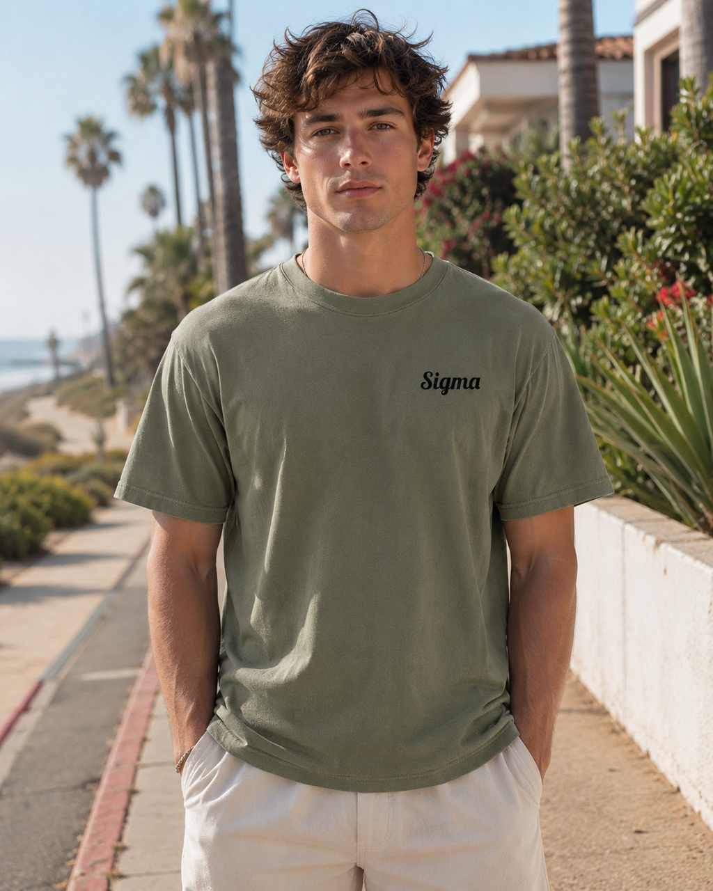 Olive green crewneck t-shirt with Sigma script logo on chest, worn by model.