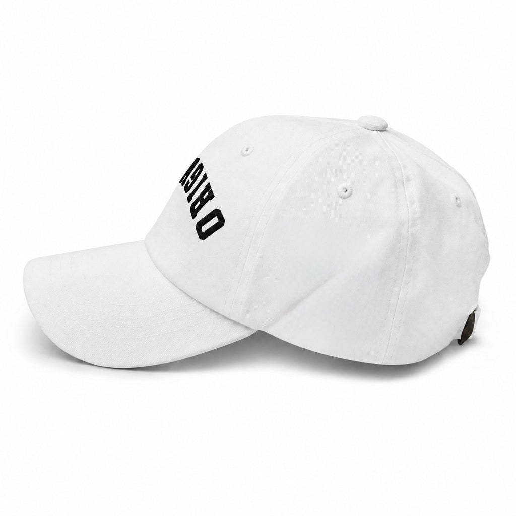 White dad hat with small black ORIGINAL logo on side and curved brim