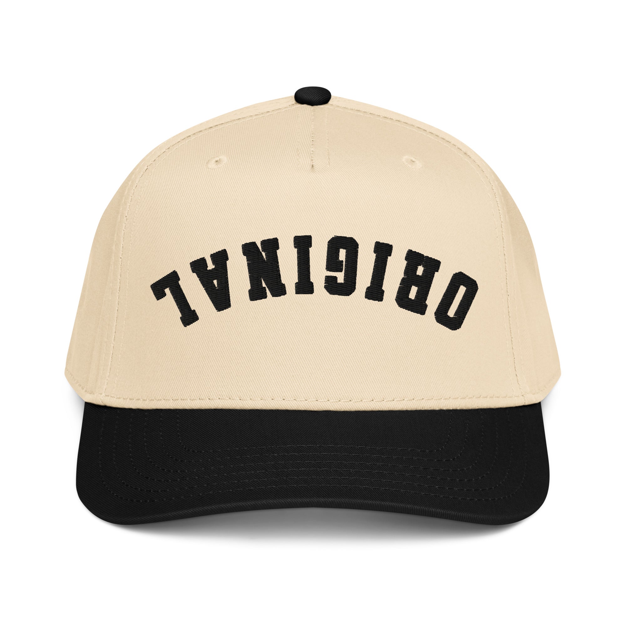 ORIGINAL™ trucker hat, natural crown and black brim, front logo graphic