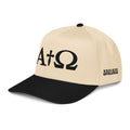 Cream trucker hat with black Alpha+Omega logo and black mesh brim