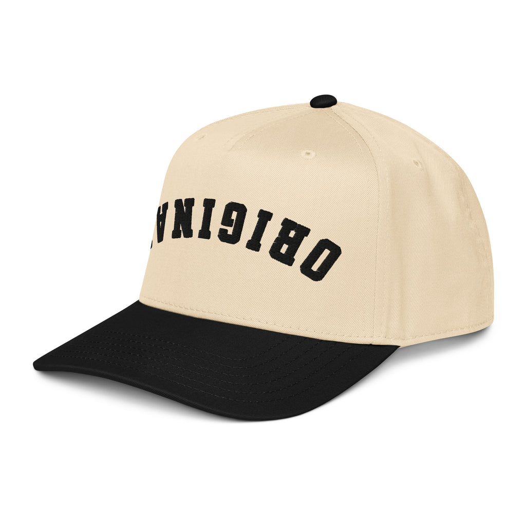 Natural trucker hat with black undervisor and angled front logo graphic