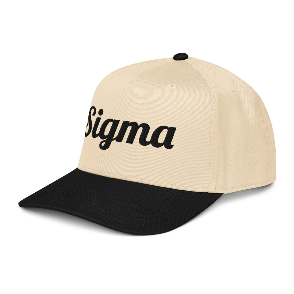 Trucker hat angled view with beige crown, black brim, and partial black SIGMA logo.
