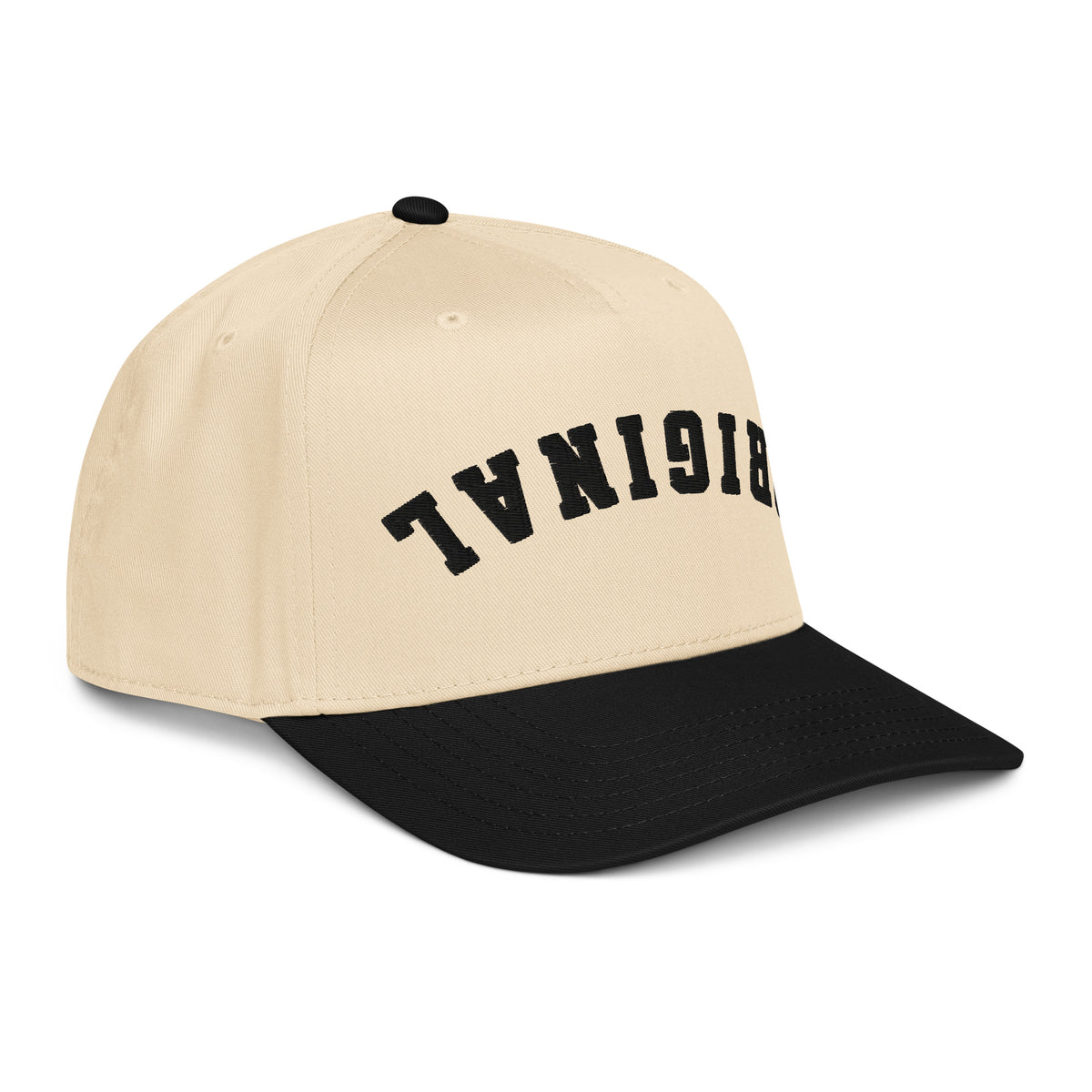 Natural trucker hat with black undervisor and side-front logo text graphic