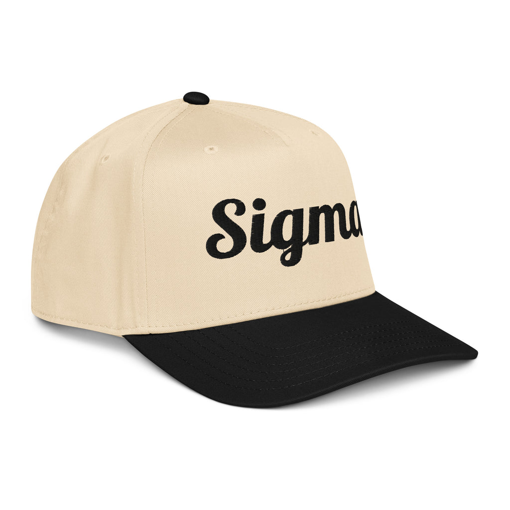 Trucker hat side view with beige crown, black brim, and large black SIGMA logo.