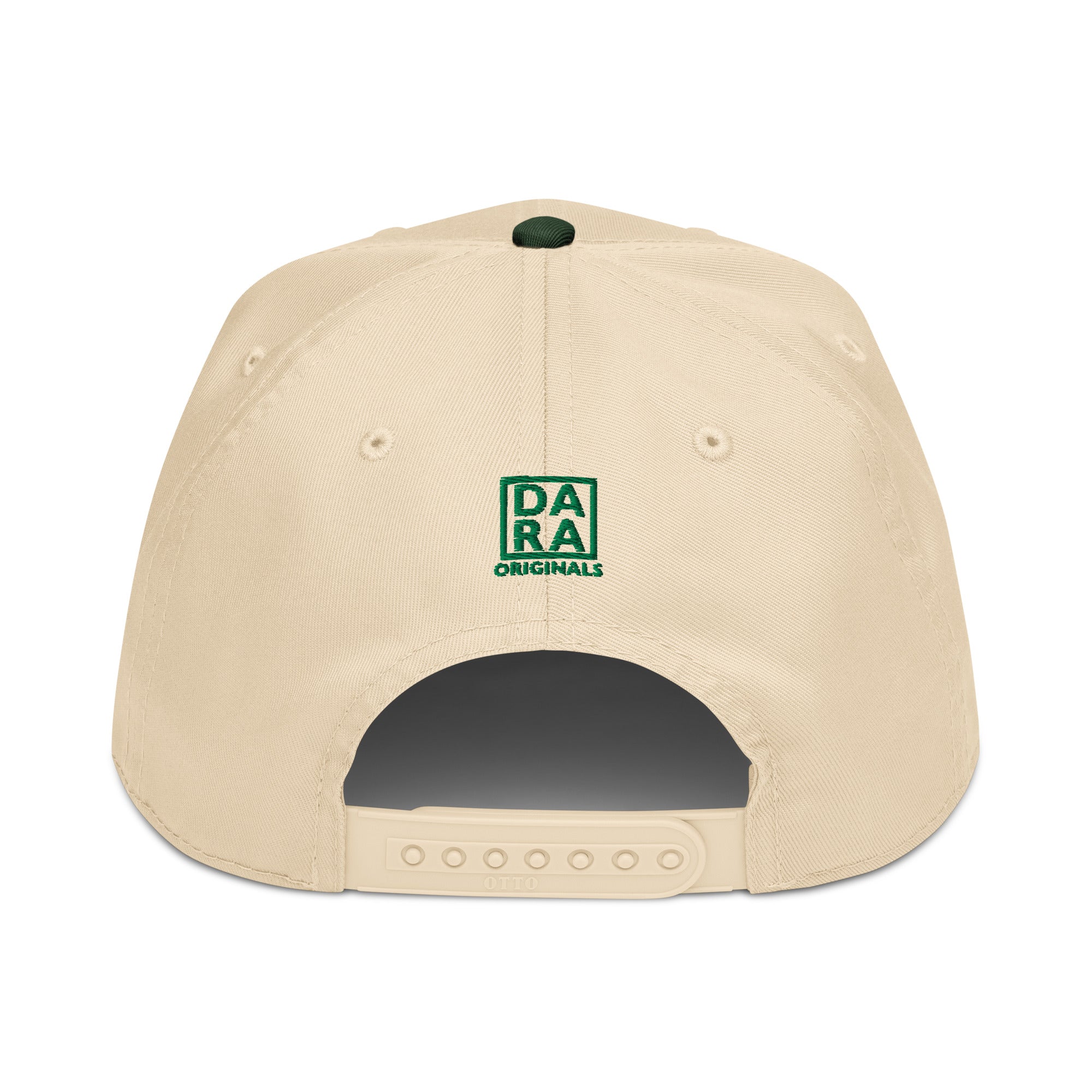 Trucker hat back view with beige crown and DARA ORIGINALS patch above the opening.