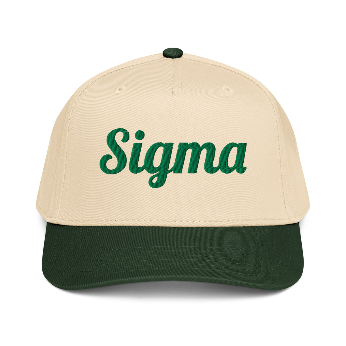 Trucker hat with beige crown, dark green front panel, and green SIGMA logo.