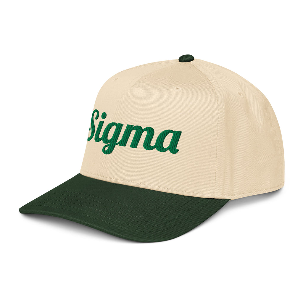 Trucker hat angled view with beige crown, dark green brim, and partial green SIGMA logo.