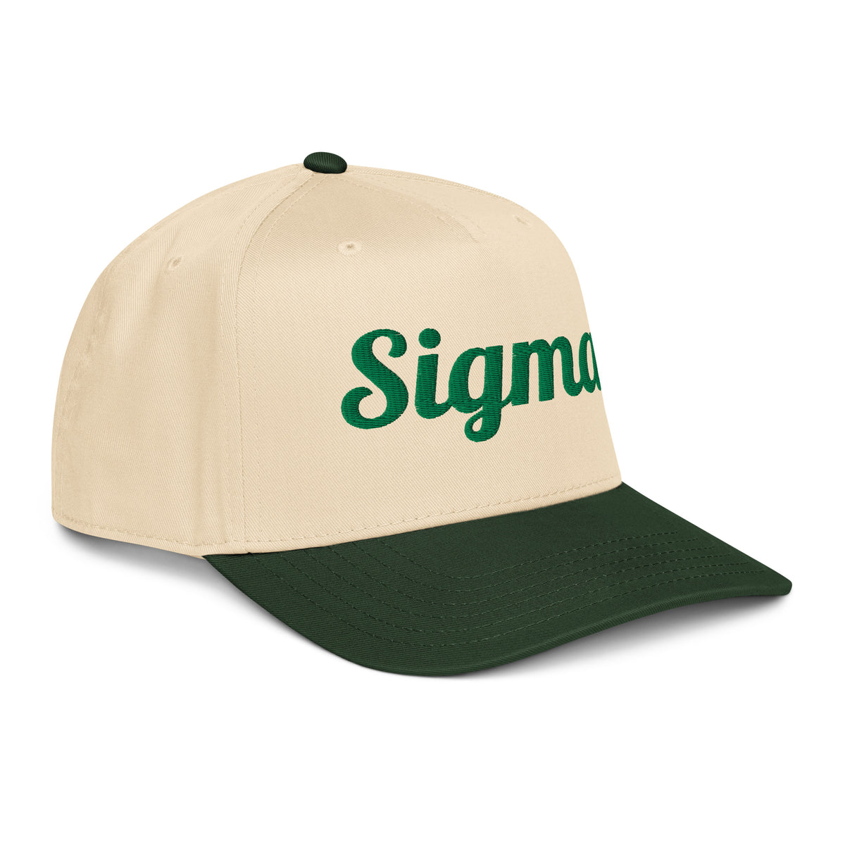 Trucker hat side view with beige crown, dark green brim, and large green SIGMA logo.