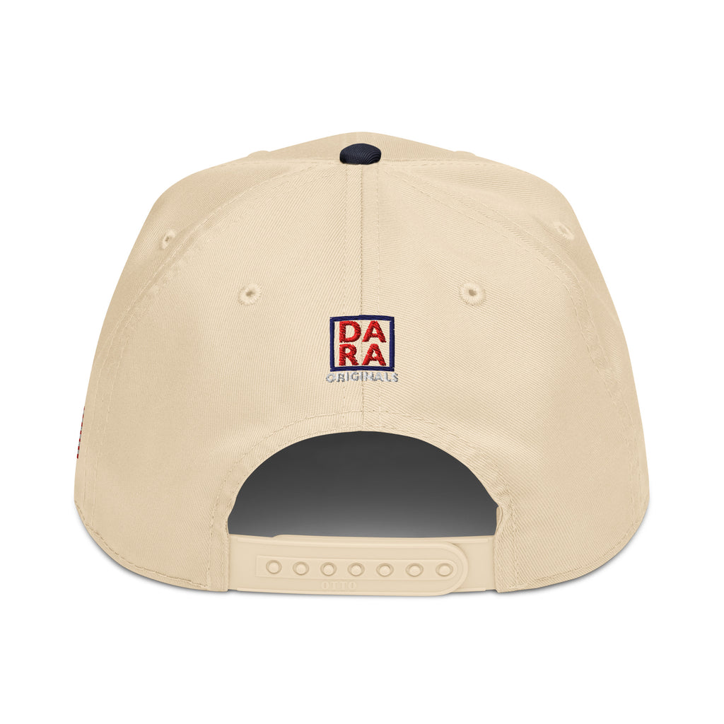 Two-tone trucker hat with DAR originals side patch; natural crown, dark navy vent mesh brim.