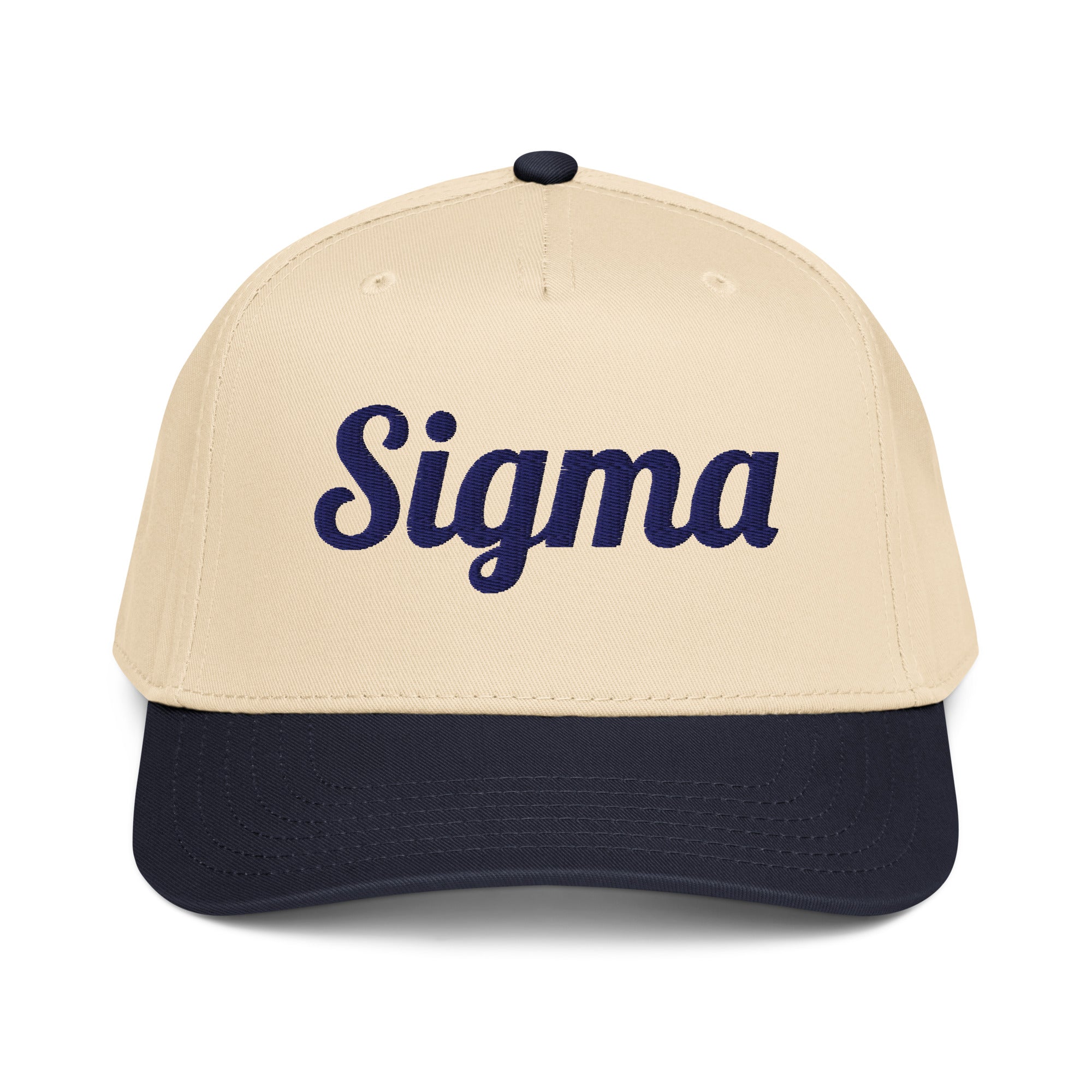 Trucker hat with beige crown, navy front panel, and navy SIGMA logo.