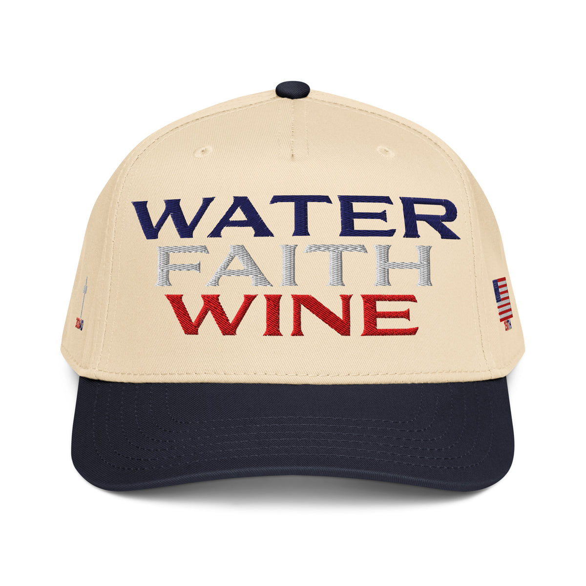Two-tone trucker hat with Water Faith Wine front graphic; natural crown, dark navy brim.