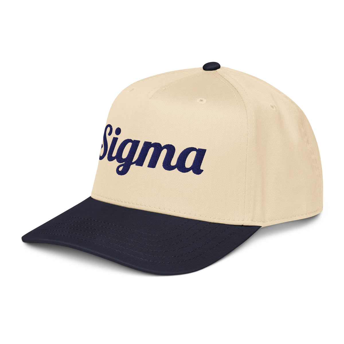 Trucker hat angled view with beige crown, navy brim, and partial navy SIGMA logo.