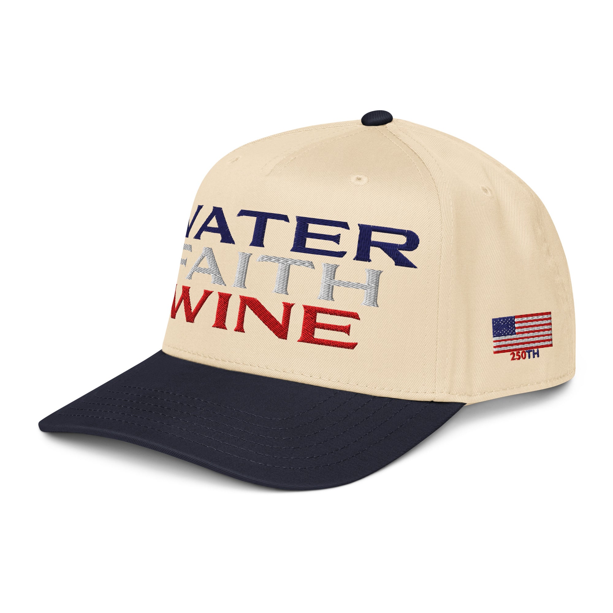 Two-tone trucker hat with Water Faith Wine front graphic; natural crown, dark navy brim.