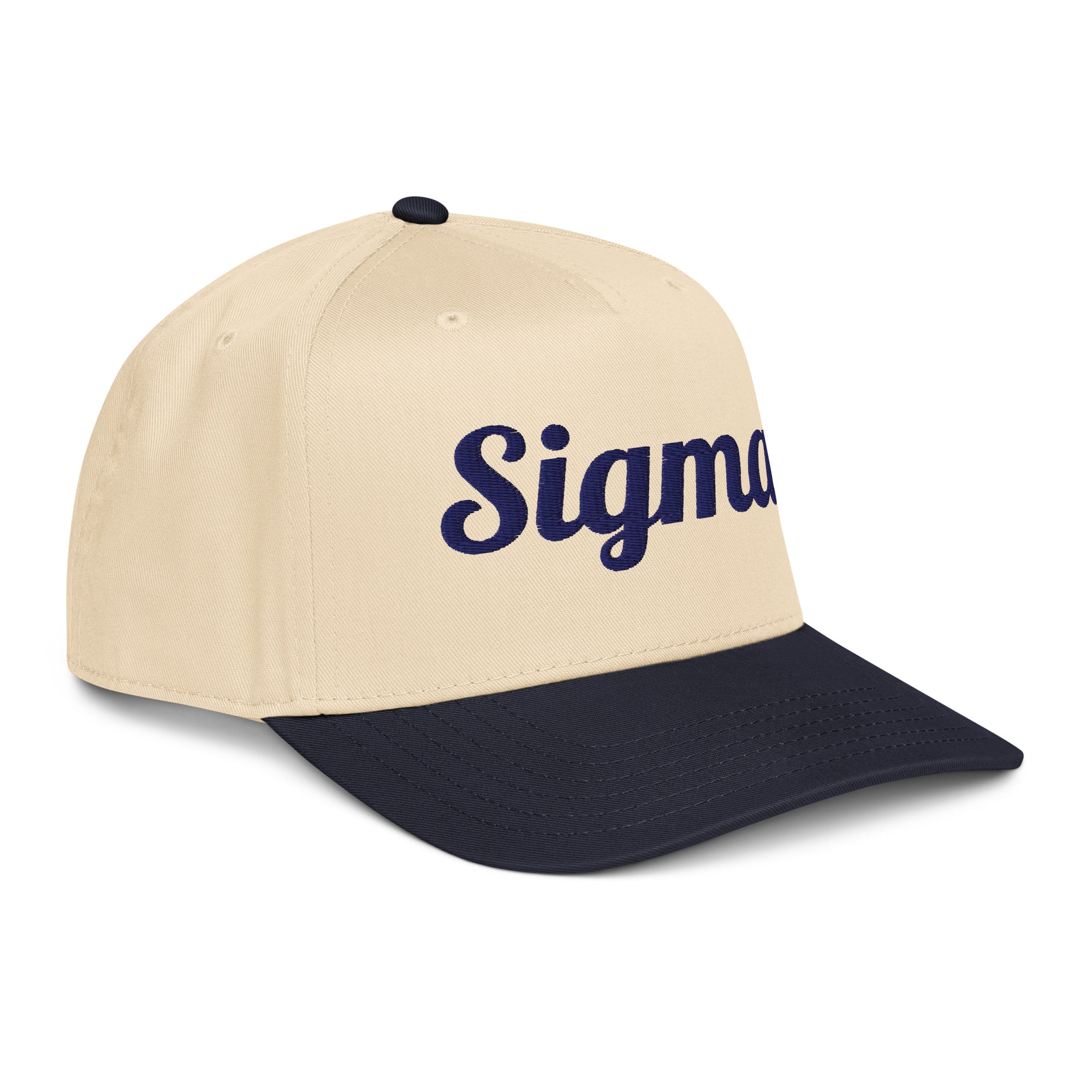 SIGMA™ trucker hat, beige front with navy brim and embroidered Sigma logo
