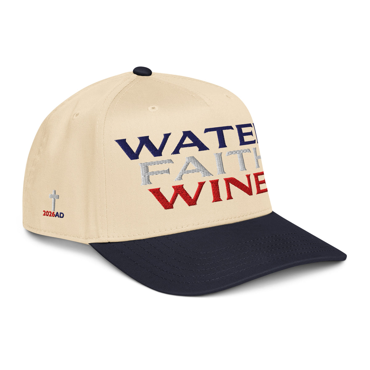 Two-tone trucker hat with Water Faith Wine front graphic; natural crown, dark navy brim, angled.