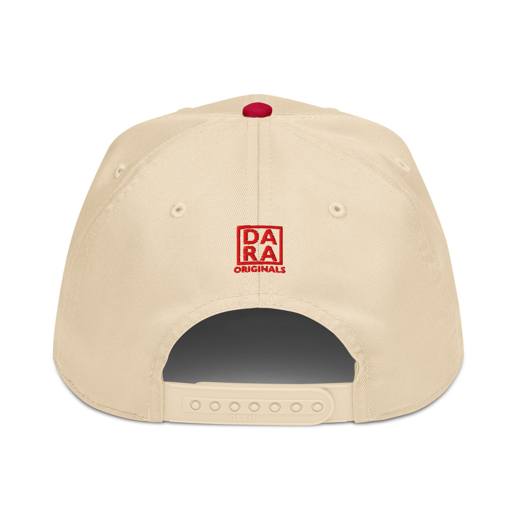 Natural trucker hat with red top button and 'DA RA Originals' back patch