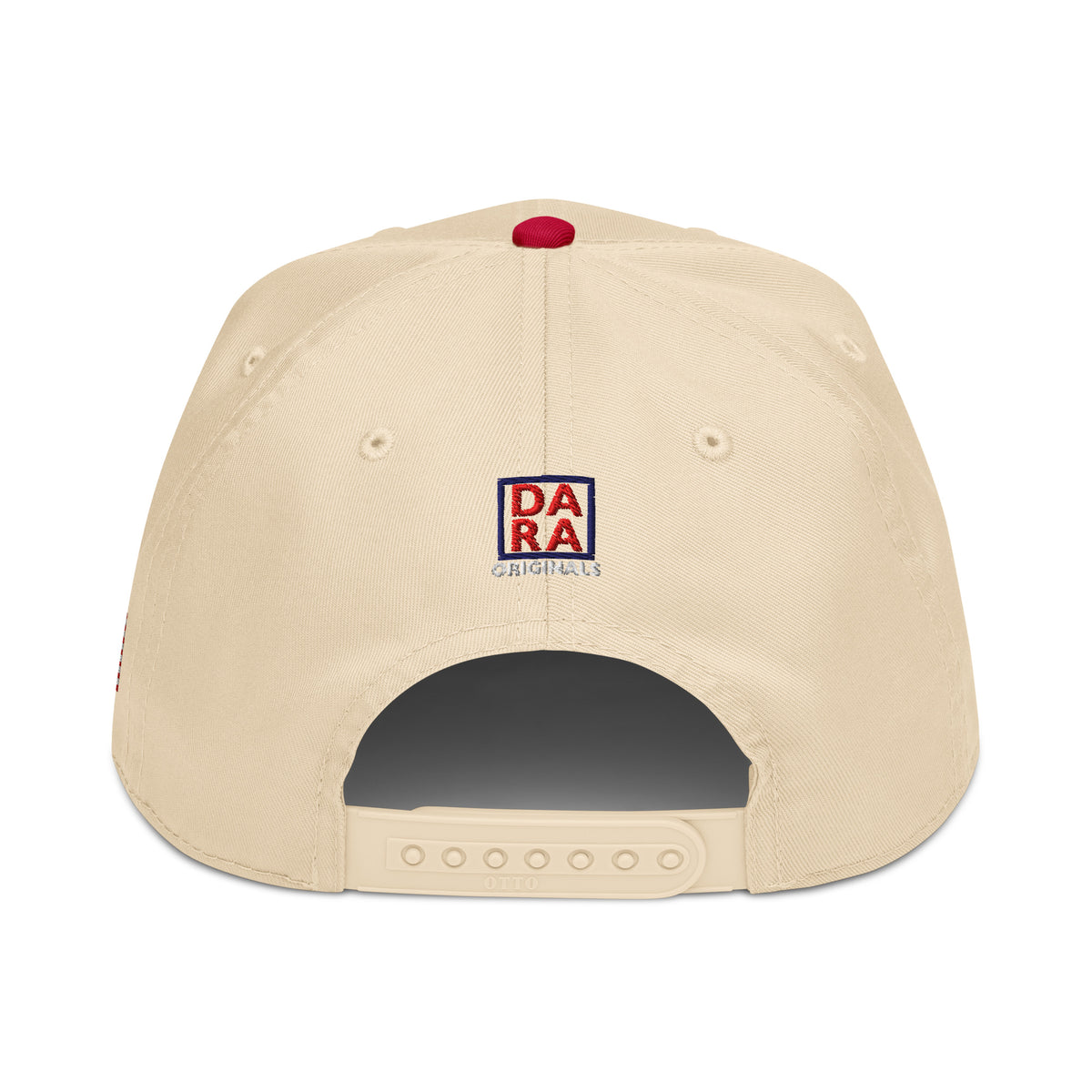Two-tone trucker hat with DAR originals side patch; natural crown, red vent mesh brim.