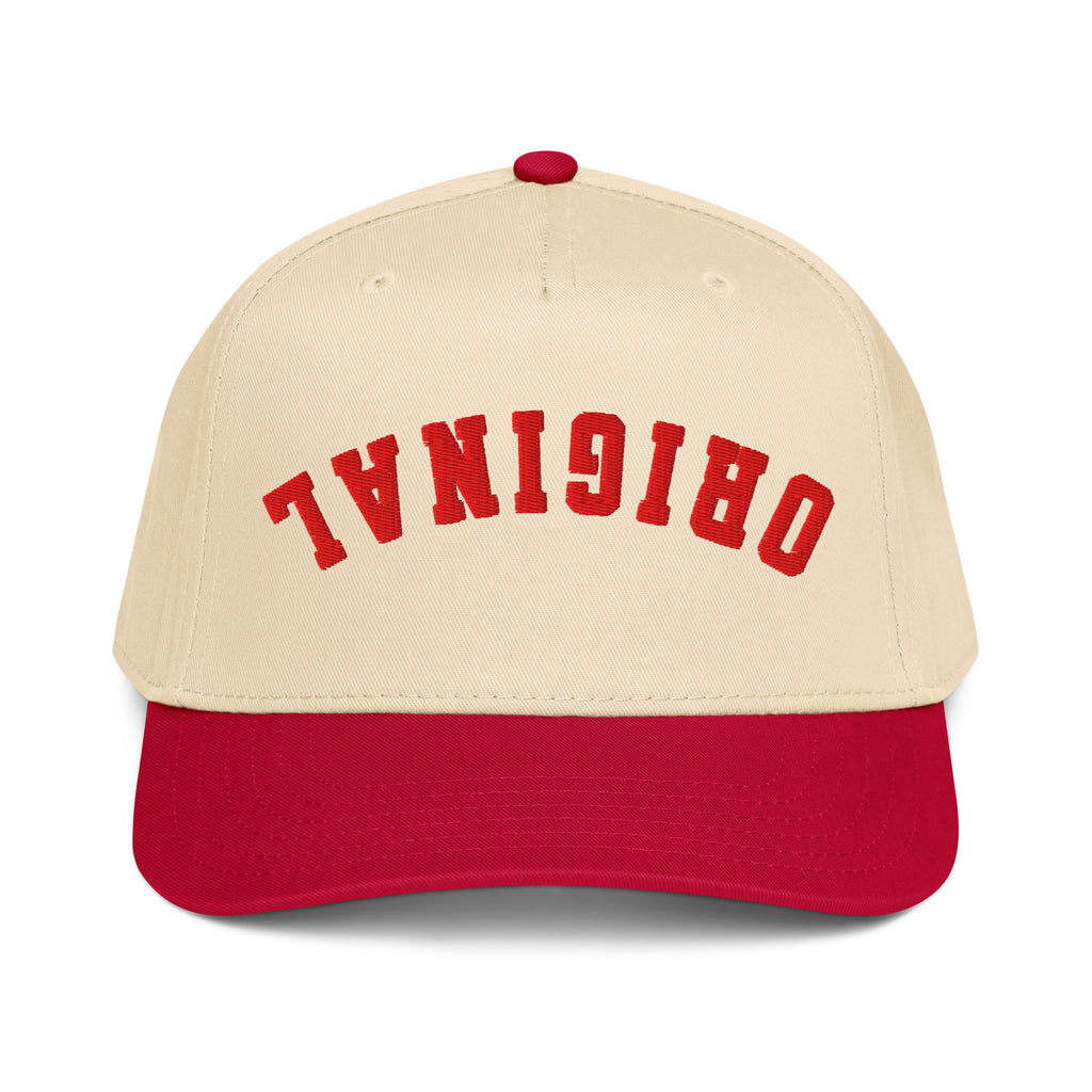 Natural-and-red trucker hat with red 'TVN01918' front graphic