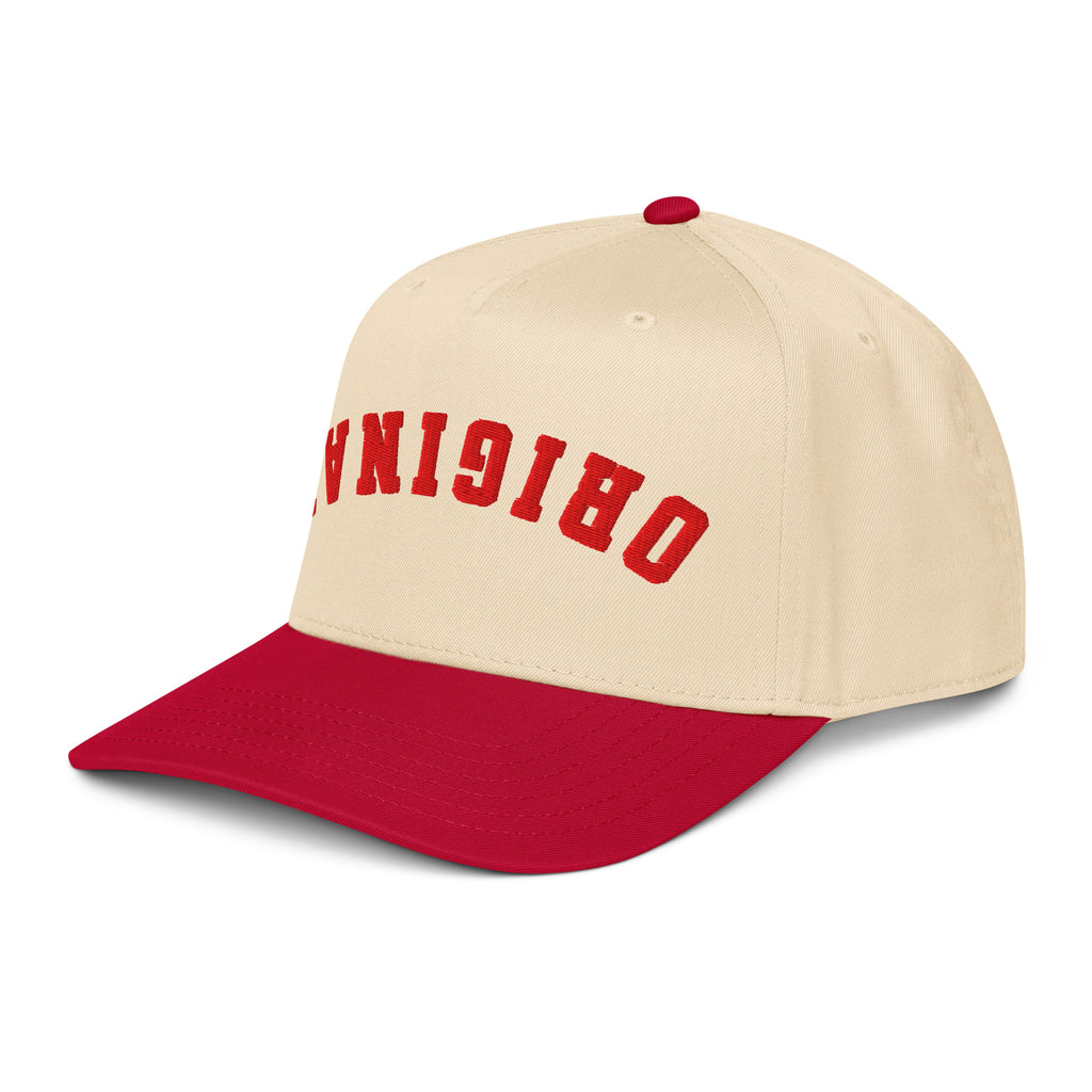 Natural-and-red trucker hat with red 'TVN01918' front graphic, curved brim