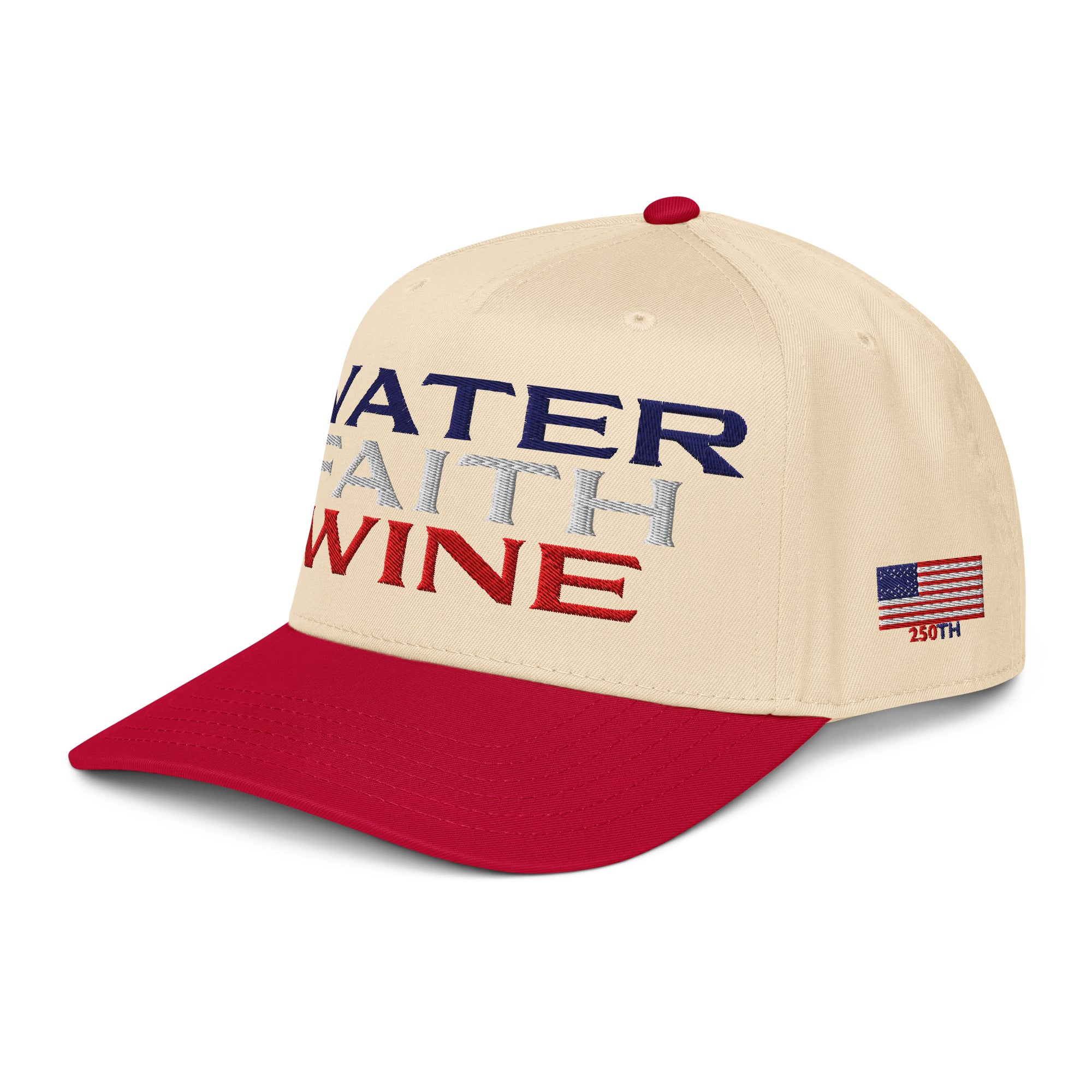 Two-tone trucker hat with Water Faith Wine front graphic; natural crown, red brim.