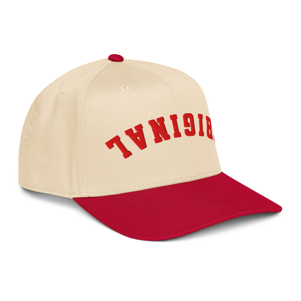 Natural-and-red trucker hat with red 'TVN01918' front graphic from angle
