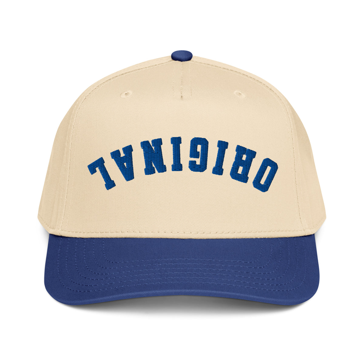 Natural-and-blue trucker hat with blue 'TVN01918' front graphic