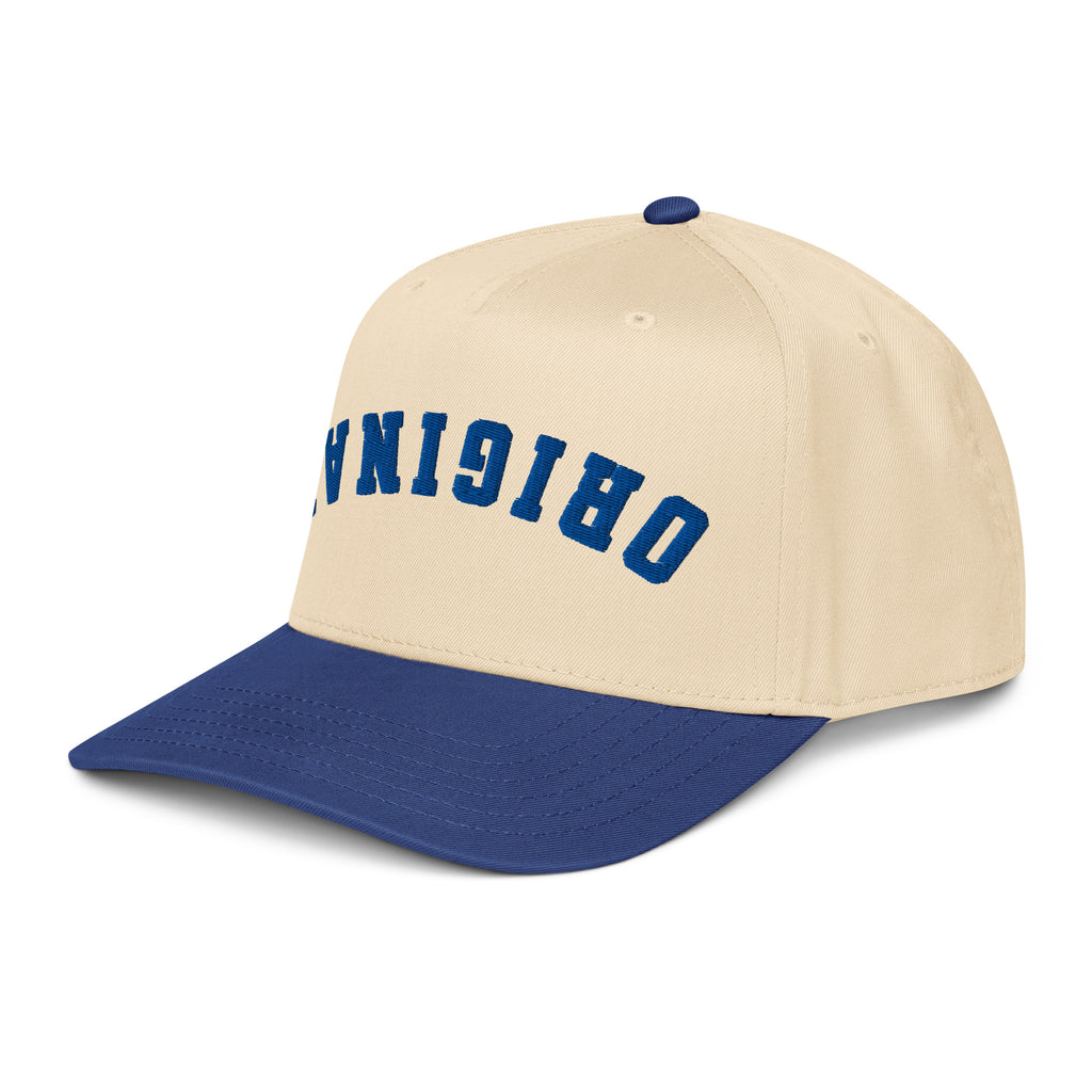 Natural-and-blue trucker hat with blue 'TVN01918' front graphic, curved brim