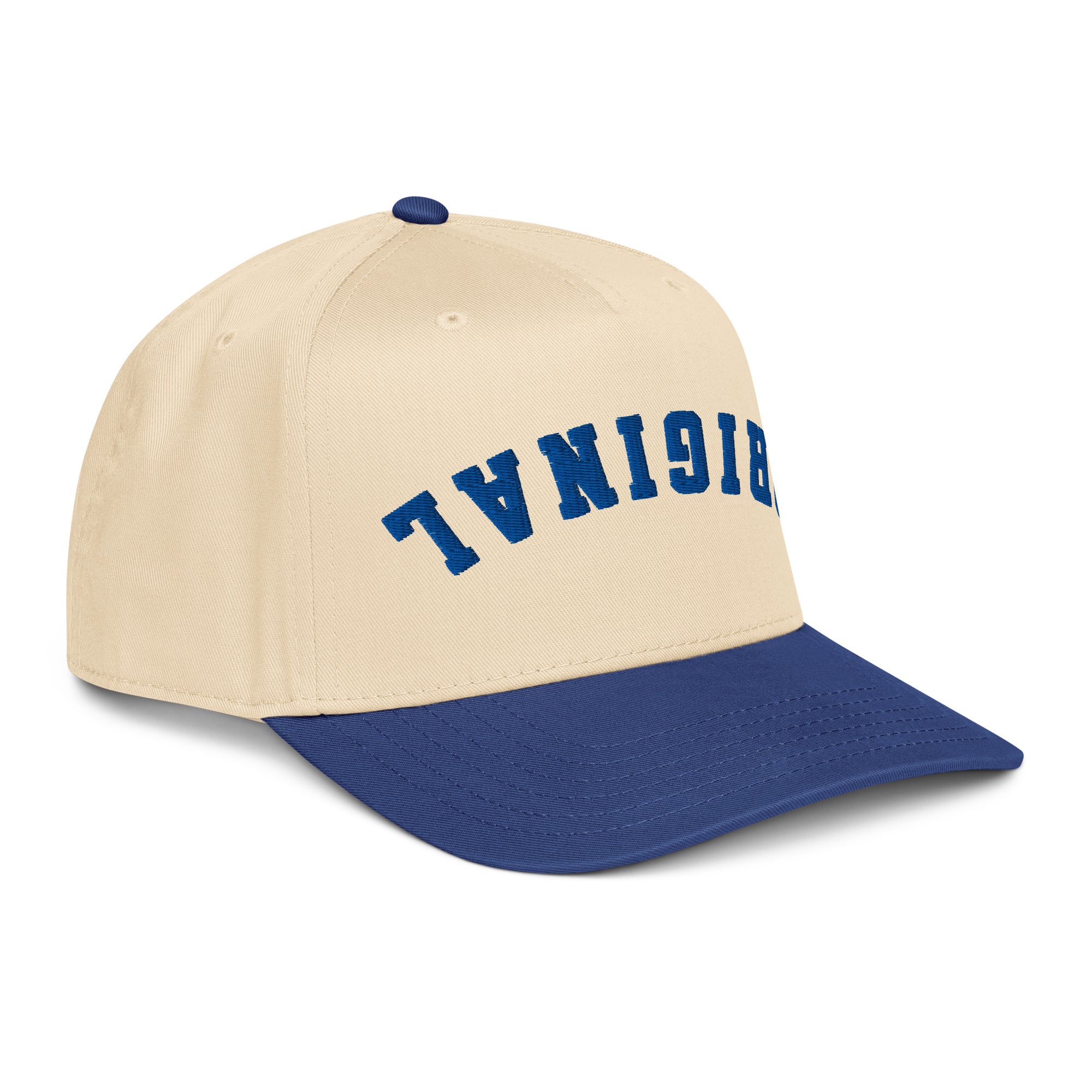Natural-and-blue trucker hat with blue 'TVN01918' front graphic from angle