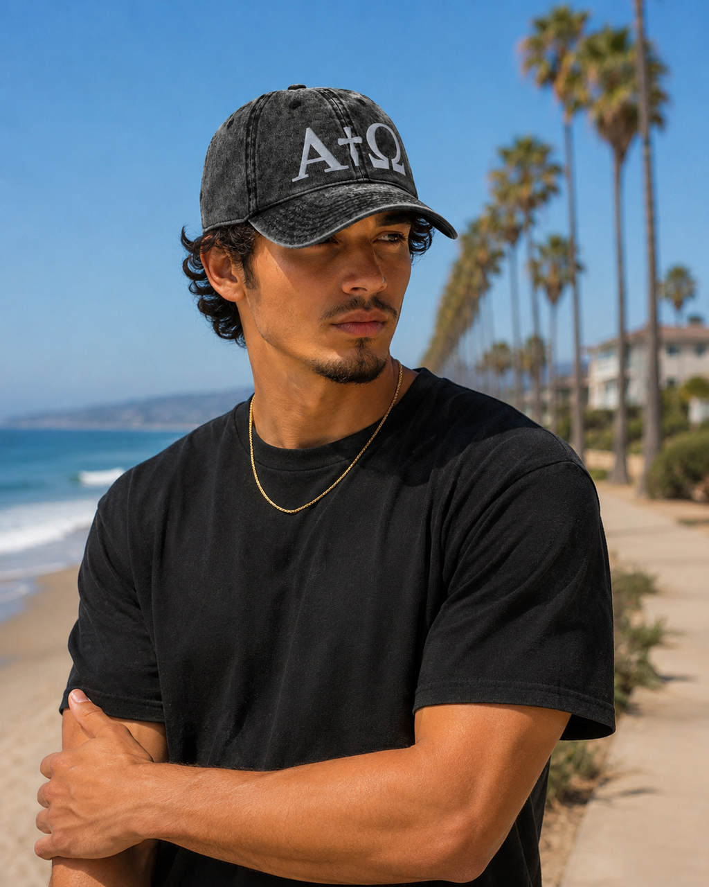ALPHA + OMEGA™ vintage black cap with curved brim and embroidered A+Q2 logo