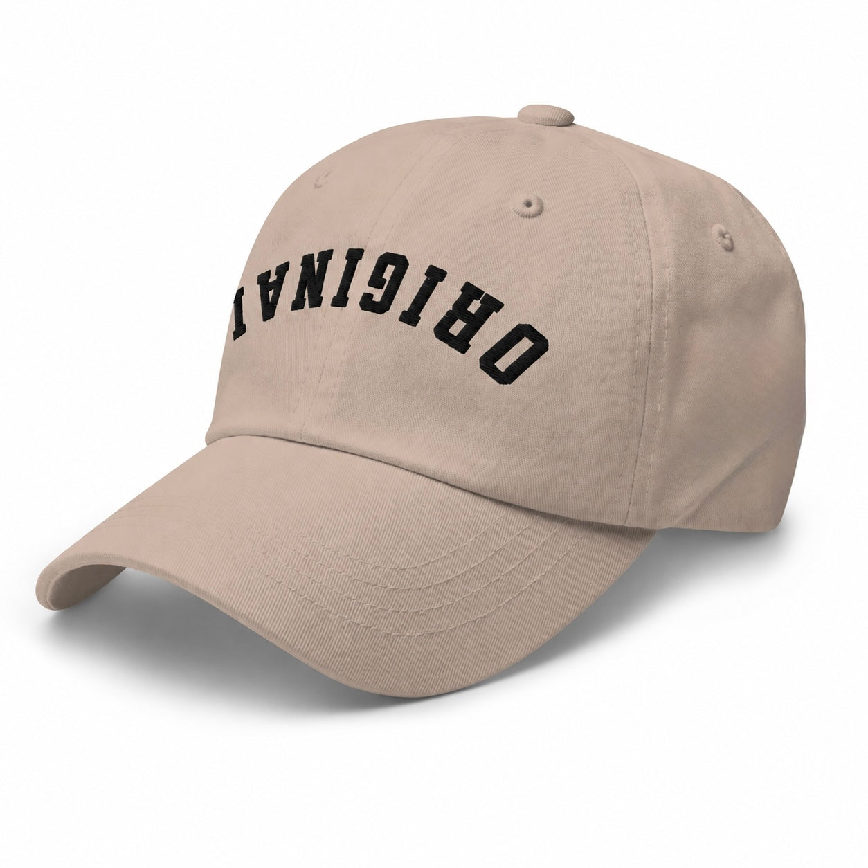 Stone dad hat with curved brim and bold front lettering logo