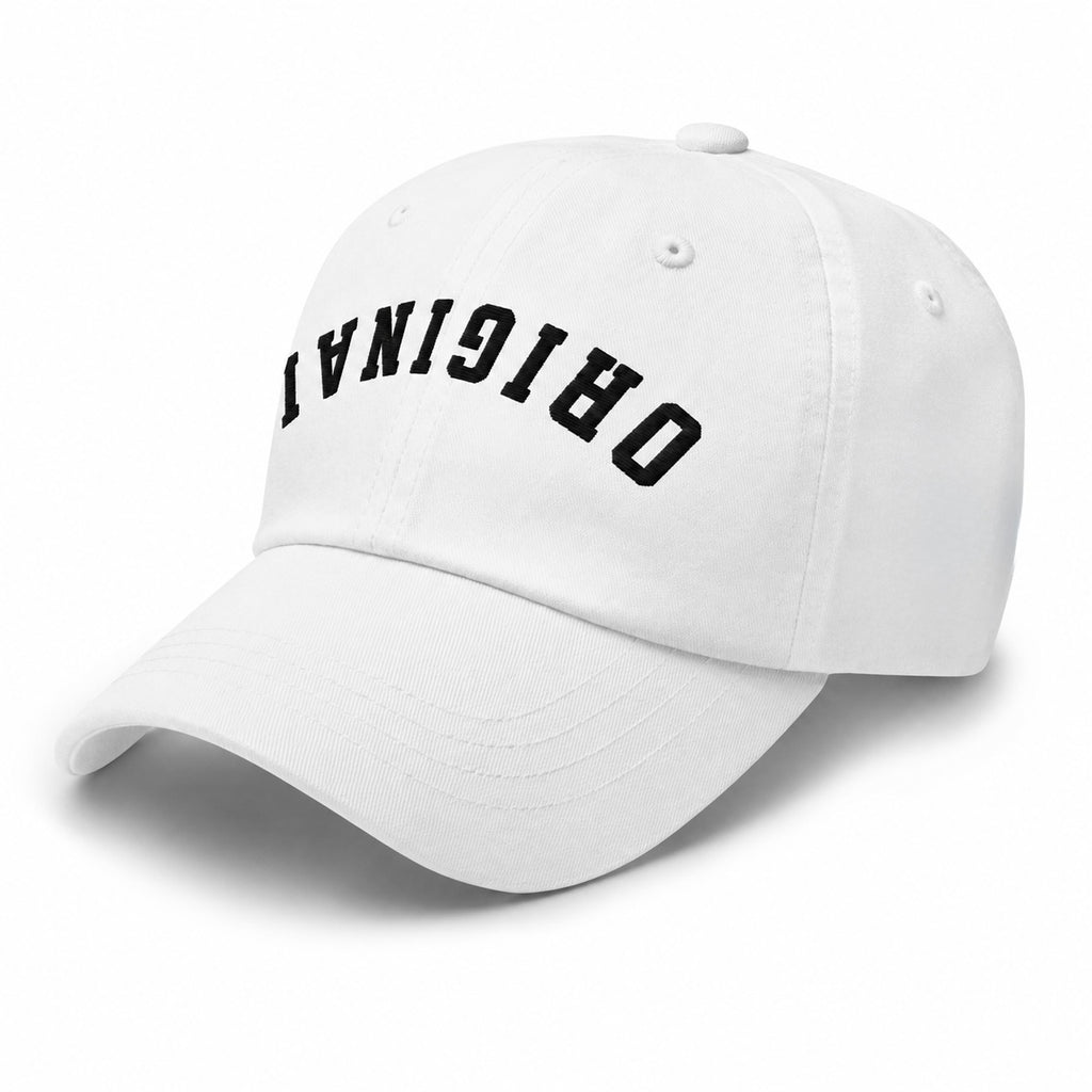 White dad hat with black ORIGINAL logo on front panel and curved brim