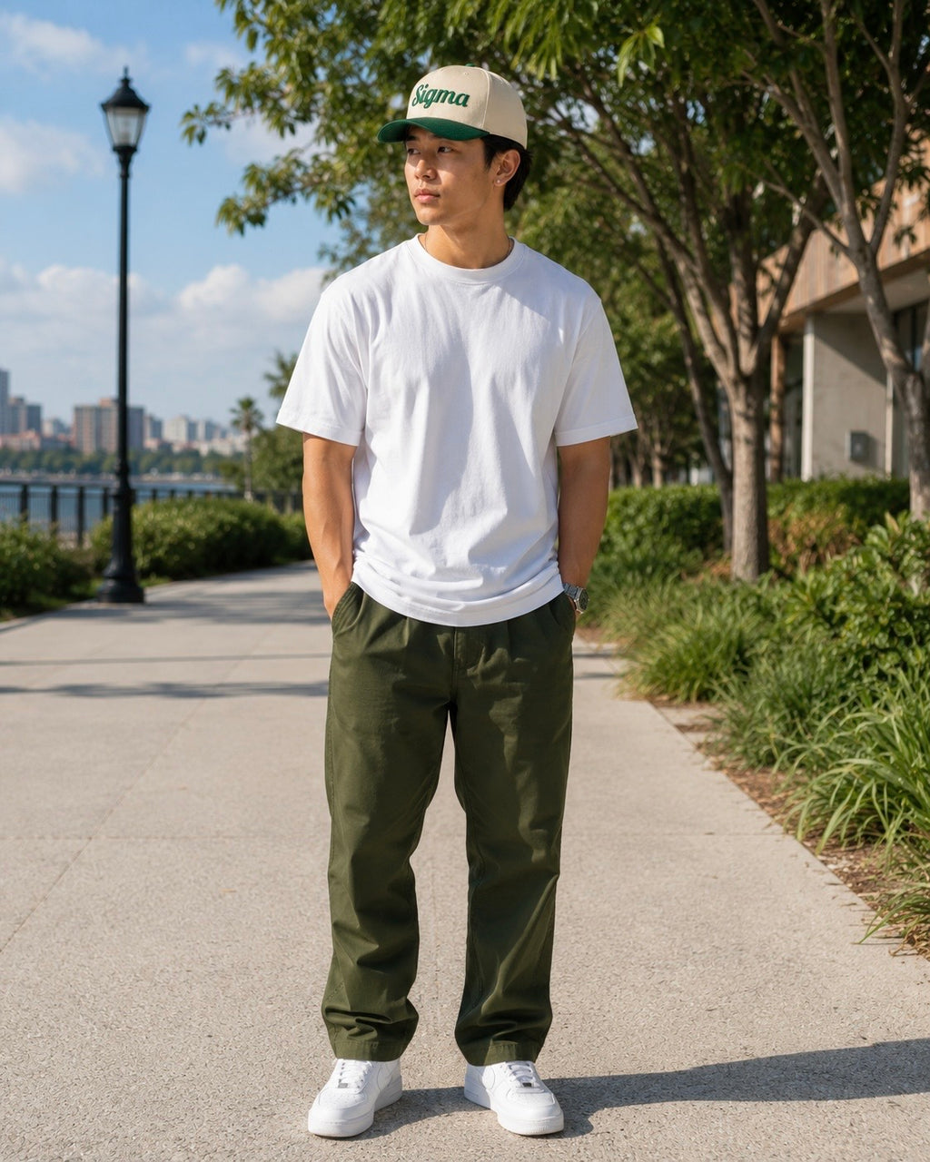 SIGMA™ trucker hat with natural front and dark mesh, curved brim, stitched logo