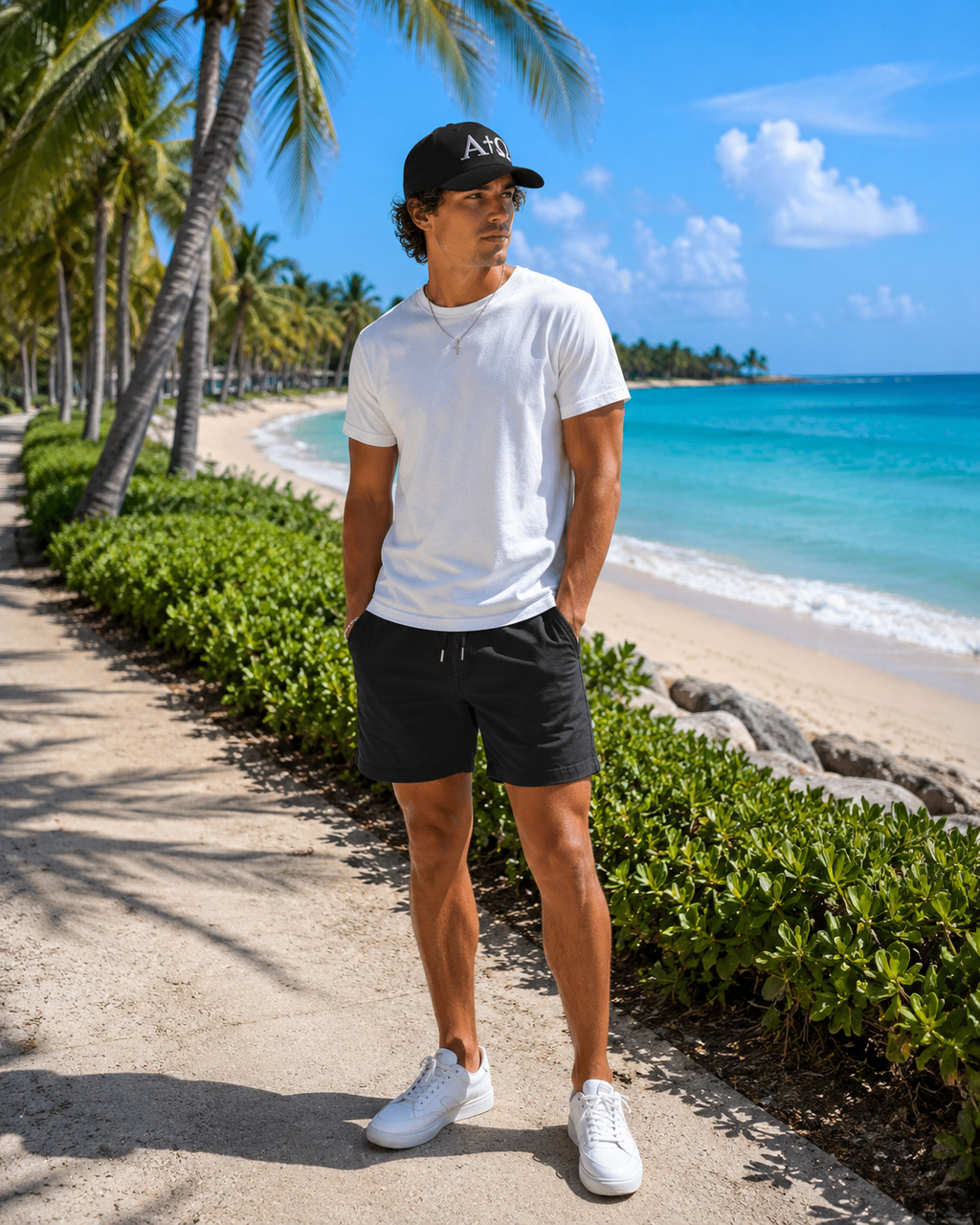 Black ALPHA + OMEGA dad hat with white logo and curved brim