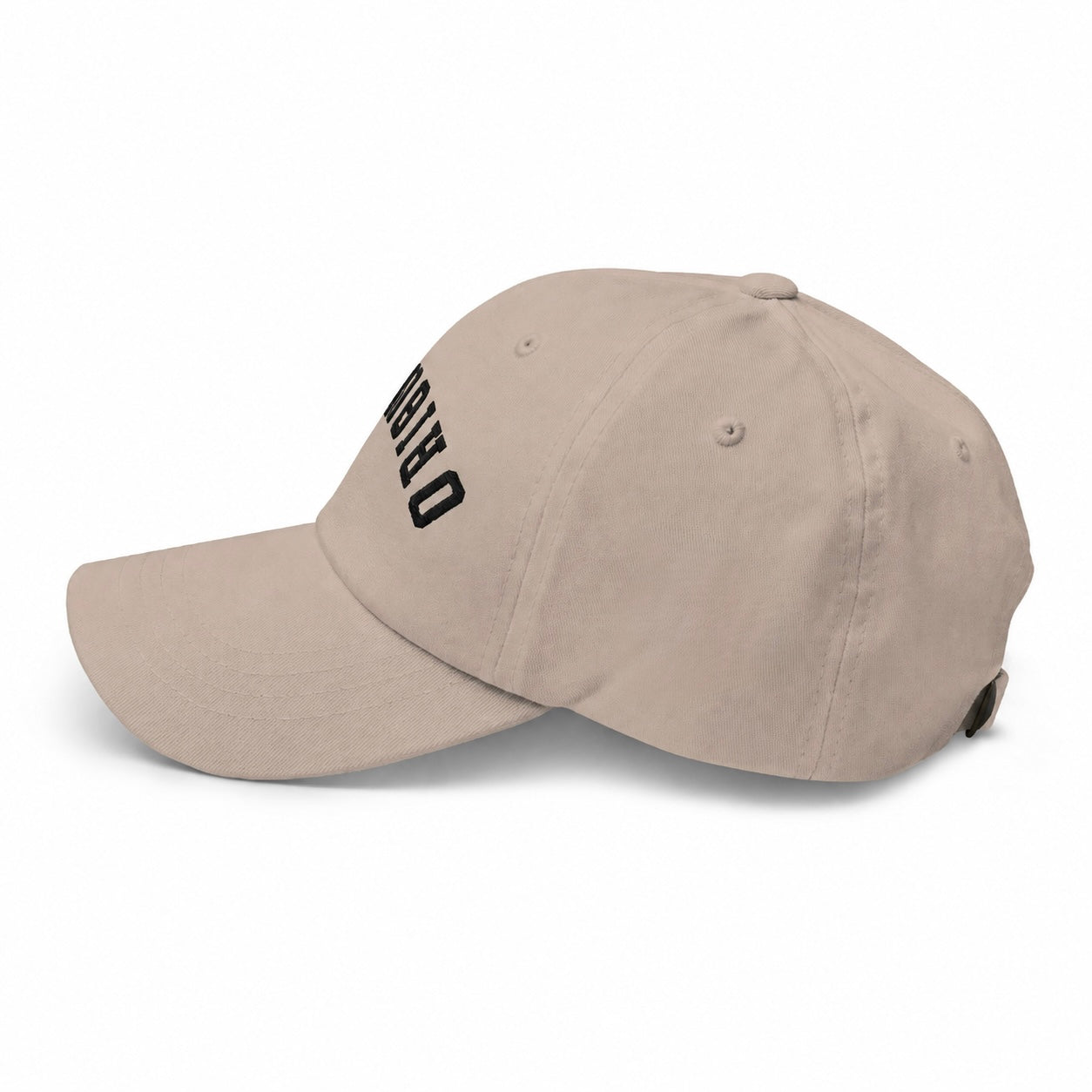 Stone dad hat with small black ORIGINAL logo on side and curved brim