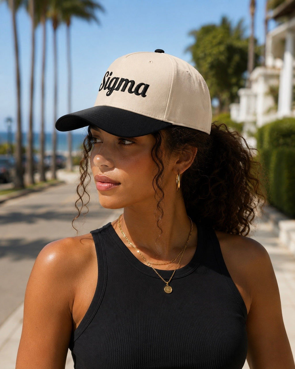 Trucker hat with SIGMA™ logo, natural front and black mesh back, curved brim