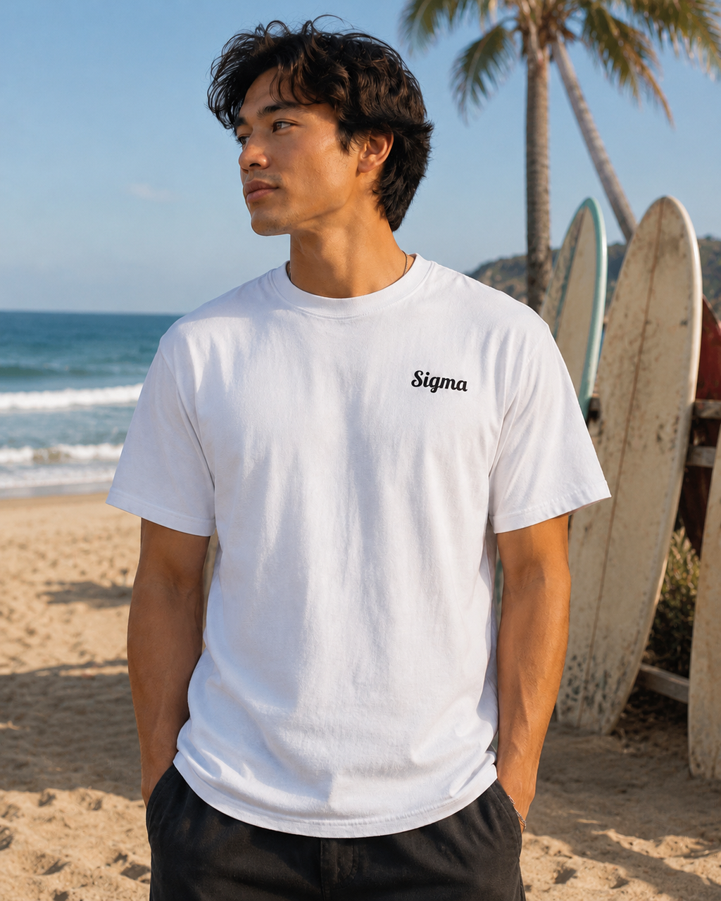 White crewneck t-shirt with Sigma script logo on chest, worn by model.