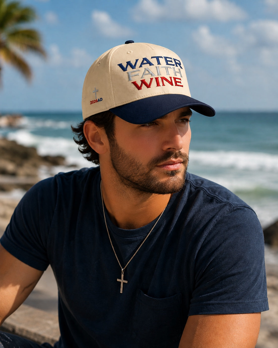 WATER FAITH WINE navy and natural trucker hat with red/blue logo on front