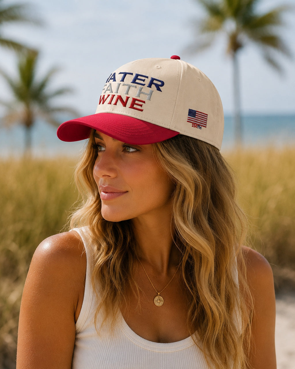 WATER FAITH WINE natural trucker hat with red underbrim and blue/red front logo