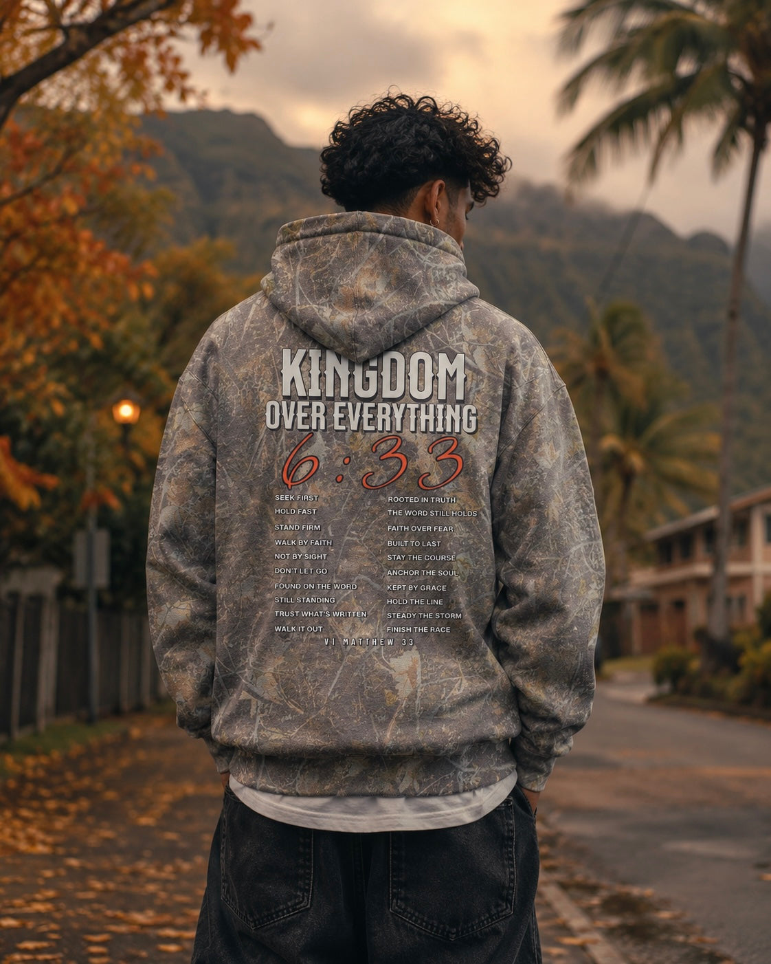 Mens tree-camo hoodie, back graphic with large KINGDOM OVER EVERYTHING 633