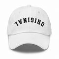 White dad hat with large black ORIGINAL logo across front panel