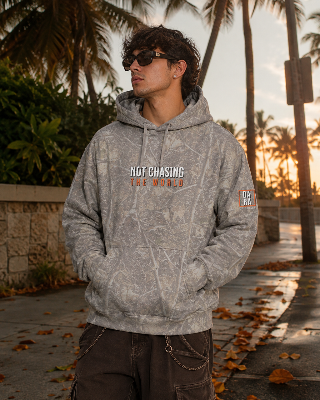 Mens pullover hoodie in light gray tree camo, front text and drawstring hood