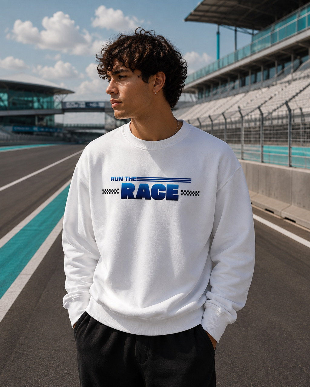 White crewneck sweatshirt, front Run the Race graphic