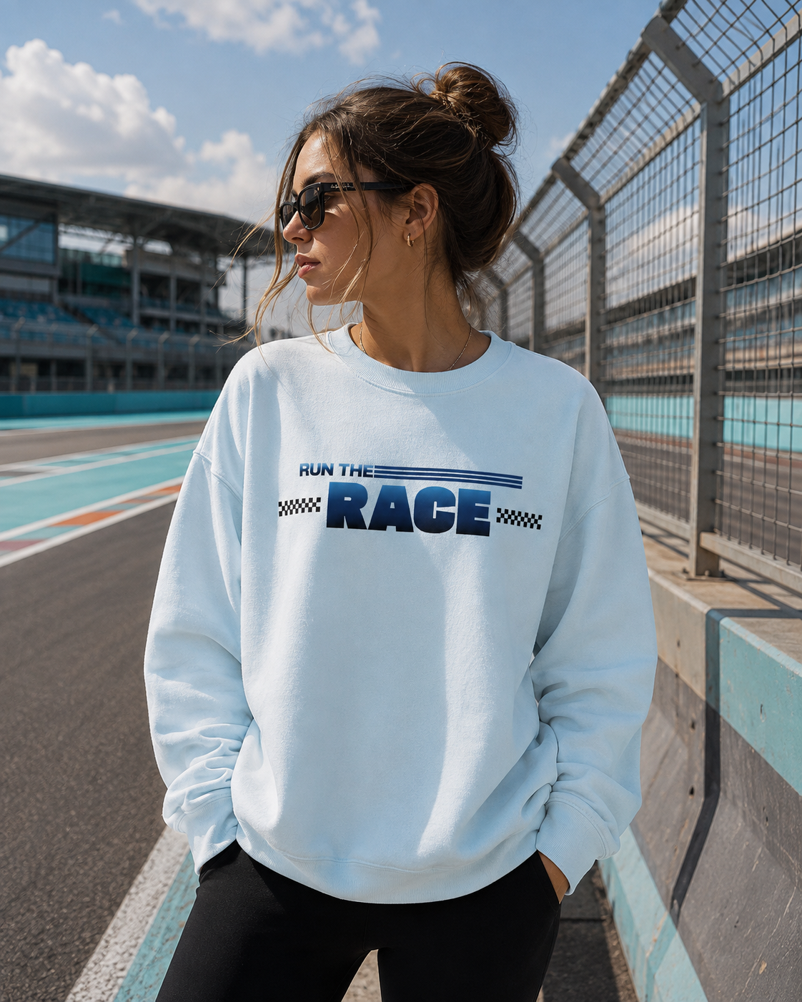 Light blue crewneck sweatshirt, front Run the Race graphic