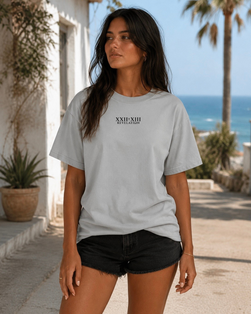 T-shirt, light gray crewneck with XXIIXIII REVELATION chest graphic