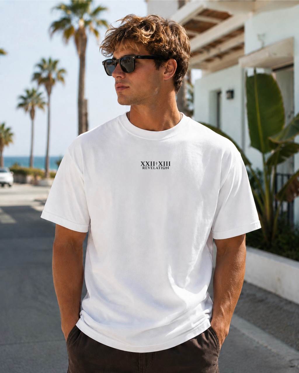 T-shirt, white crewneck with small chest logo, short sleeves