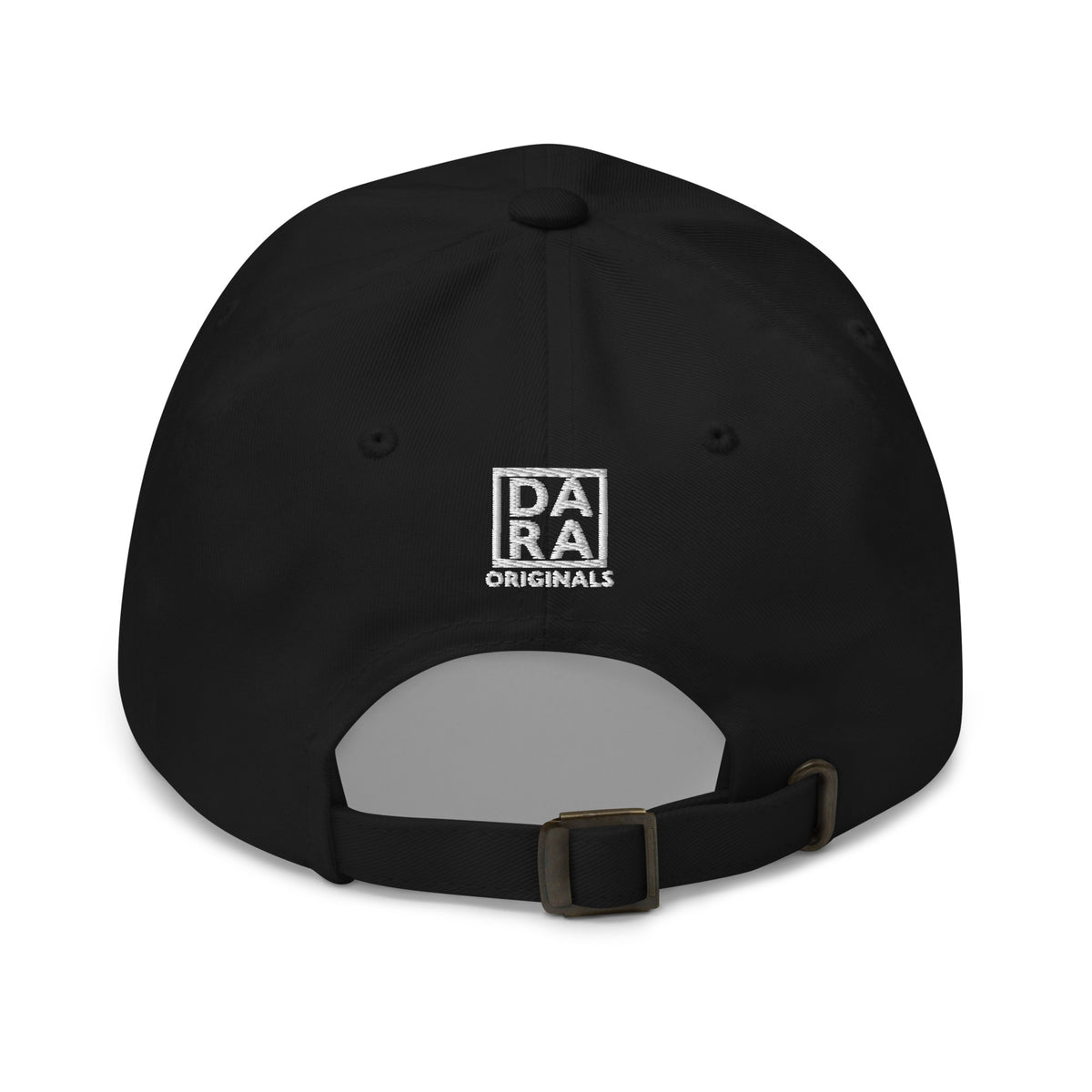Black dad hat interior view with DA Originals patch and adjustable strap