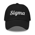Black dad hat with embroidered Sigma logo on front panel and curved brim