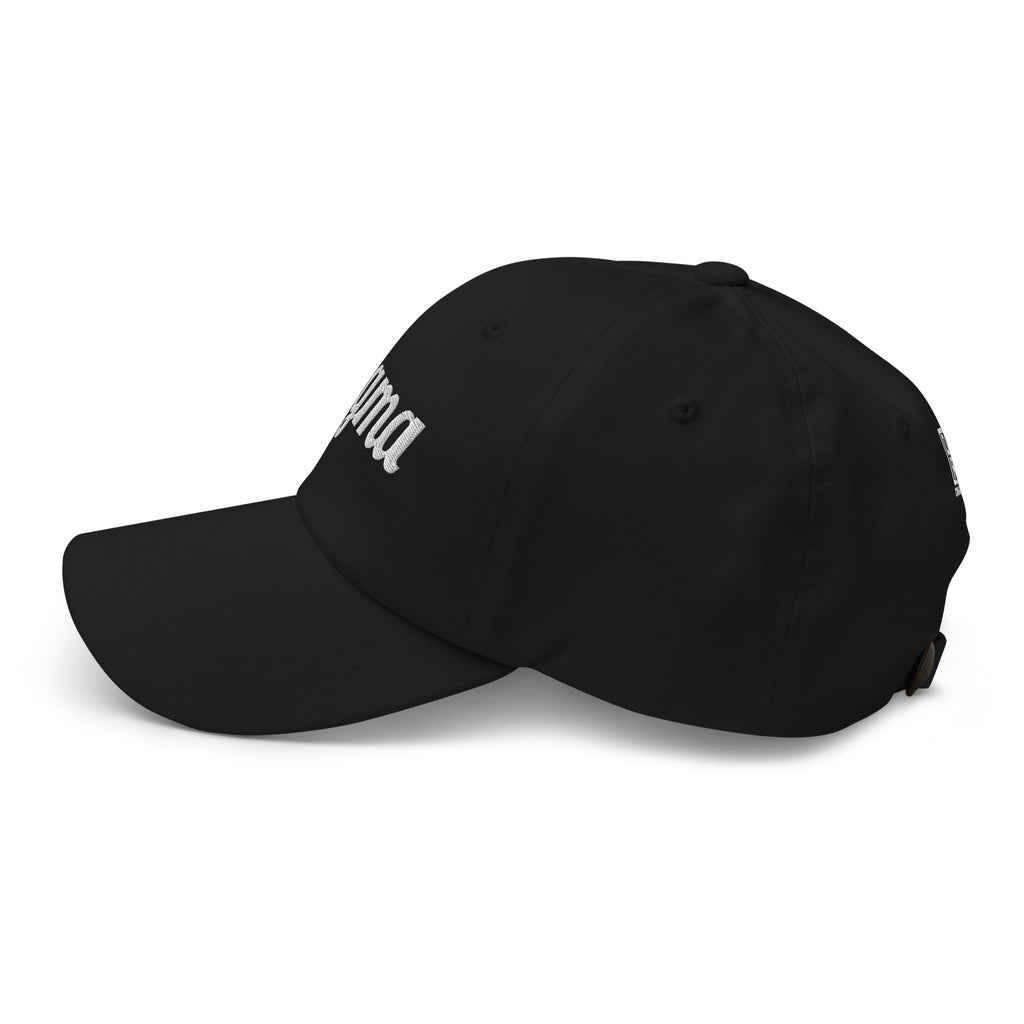 Black dad hat angled side view with partial embroidered Sigma logo